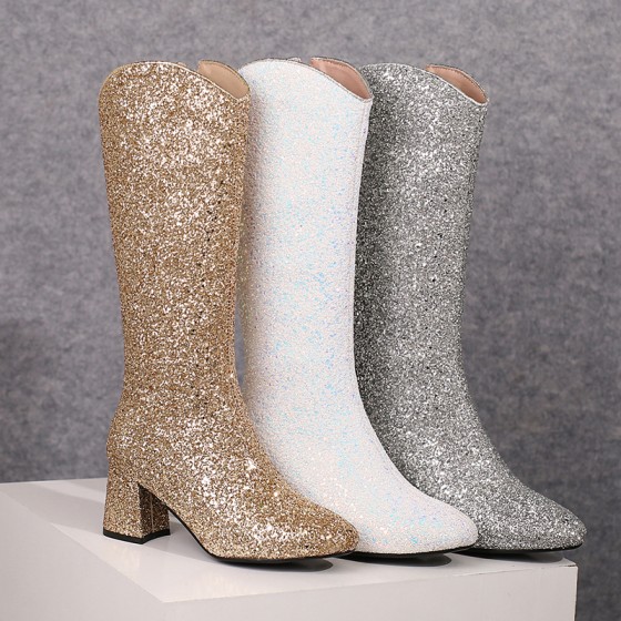Fashion glitter thick heel shiny thick heel women's boots